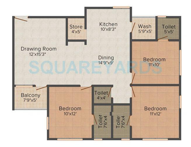 Floor plan of 3 BHK 1840 Sq. Ft. Apartment in Deep Al Burooj, Ahmedabad