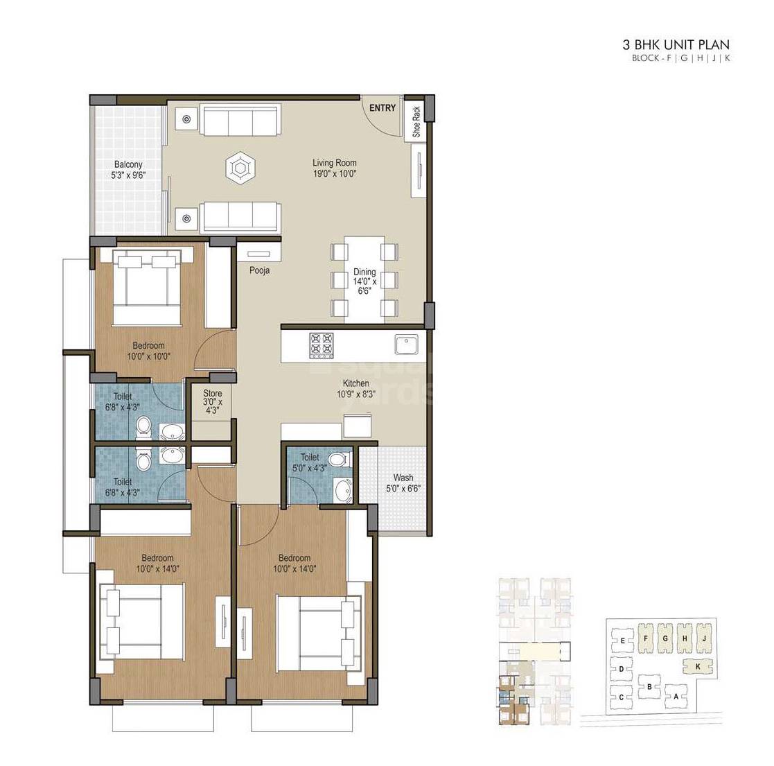 Floor plan of 3 BHK 1850 Sq. Ft. Apartment in Deep Indraprasth Greens, Ahmedabad