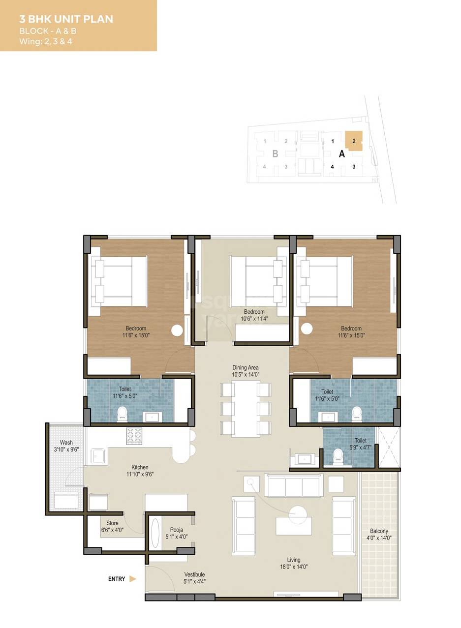 Floor plan of 3 BHK 1470 Sq. Ft. Apartment in Deep Indraprasth Living, Ahmedabad