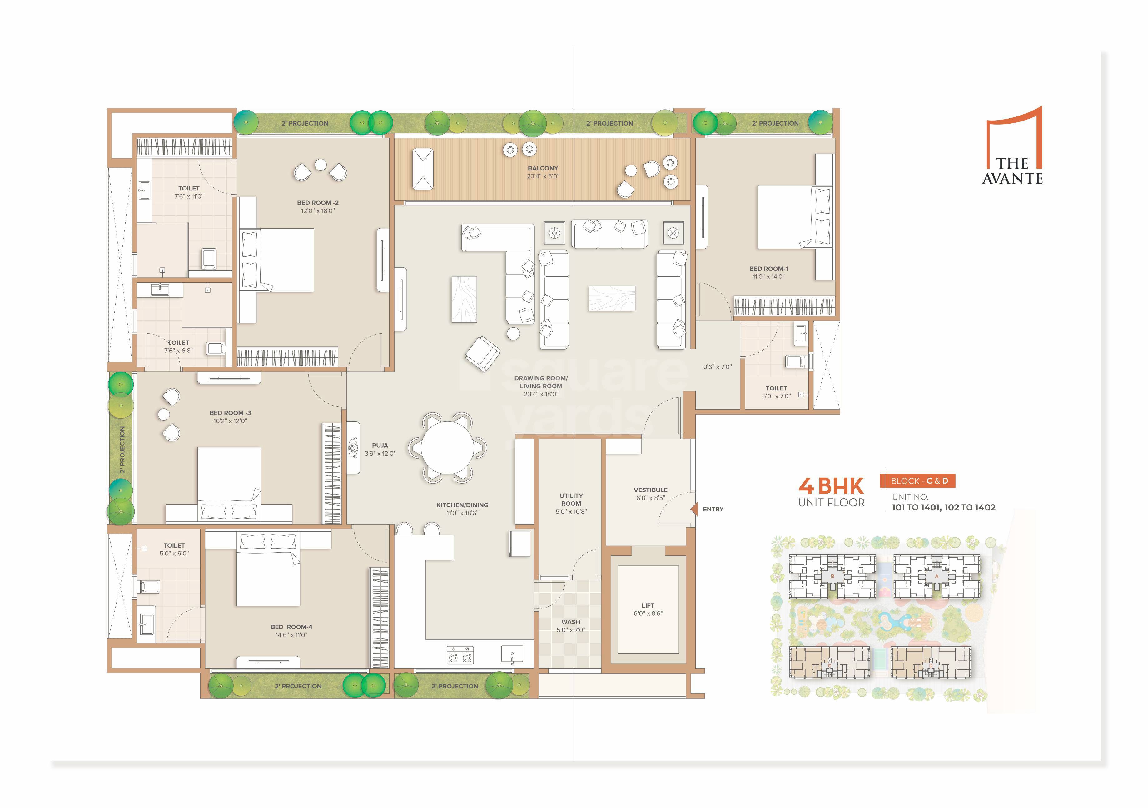 Floor plan of 4 BHK 4005 Sq. Ft. Apartment in Dev The Avante, Ahmedabad