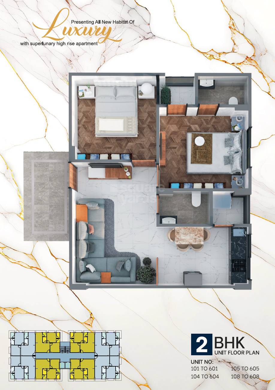Floor plan of 2 BHK 504 Sq. Ft. Apartment in Dev United Tower, Ahmedabad
