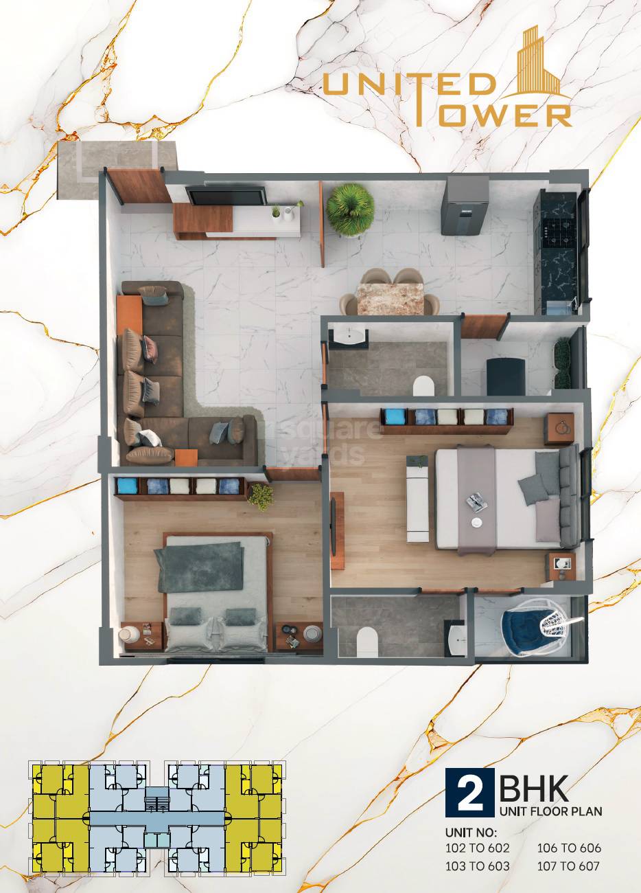 Floor plan of 2 BHK 587 Sq. Ft. Apartment in Dev United Tower, Ahmedabad