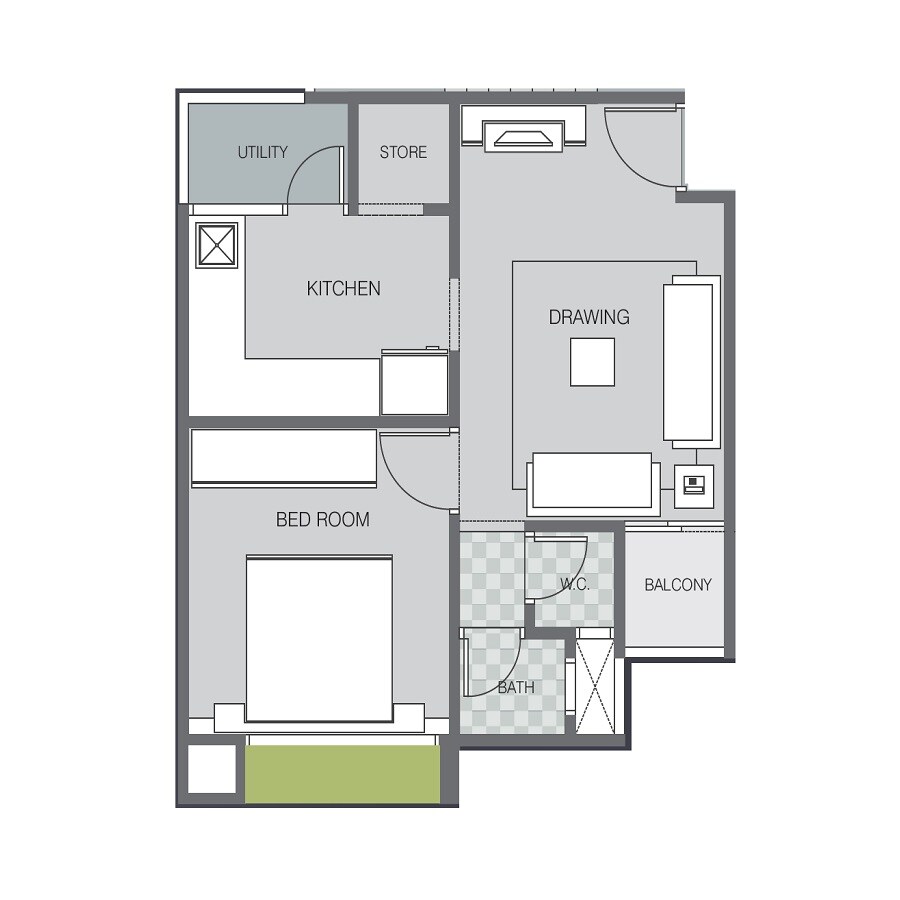 Floor plan of 1 BHK 329 Sq. Ft. Apartment in Dharmadev Swaminarayan Park 4, Ahmedabad