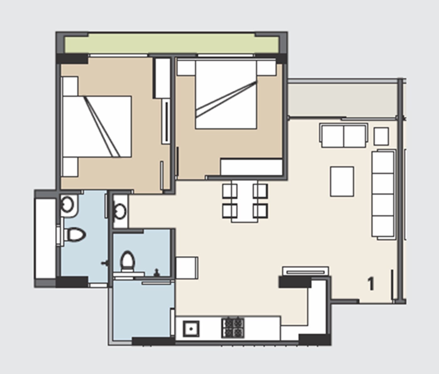 Floor plan of 2 BHK 617 Sq. Ft. Apartment in Dharti Saket Heaven, Ahmedabad
