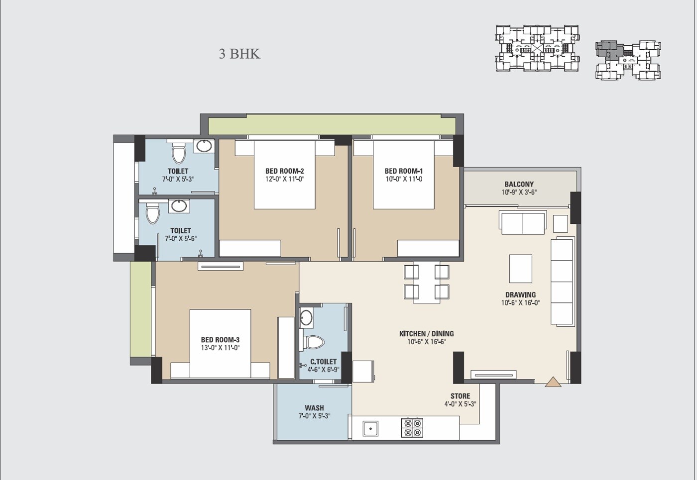Floor plan of 3 BHK 727 Sq. Ft. Apartment in Dharti Saket Heaven, Ahmedabad