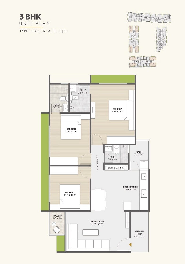 3 BHK 872 Sq. Ft. Apartment