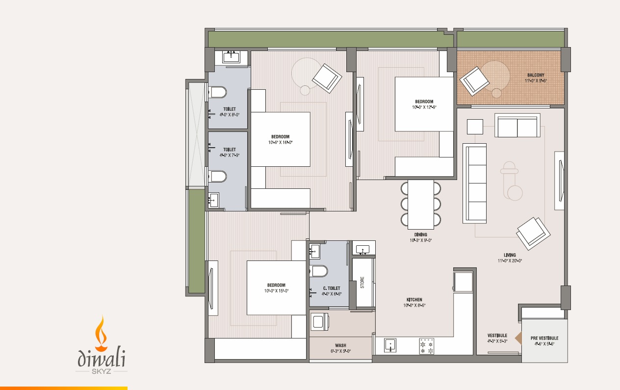 3 BHK 3465 Sq. Ft. Apartment in Diwali Skyz