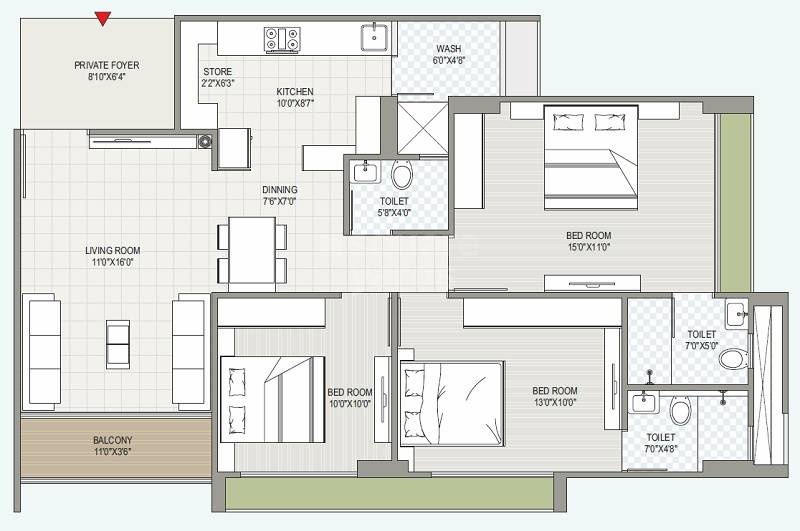 Floor plan of 3 BHK 1790 Sq. Ft. Apartment in DR Praharsh Serena, Ahmedabad