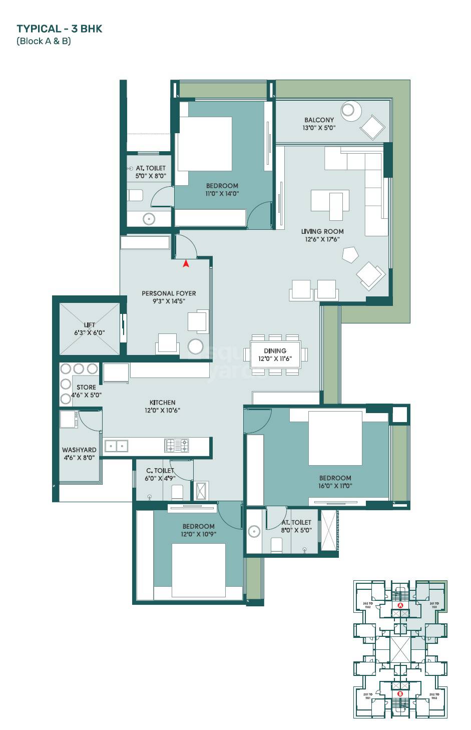 Floor plan of 3 BHK 2610 Sq. Ft. Apartment in Dream Vianna, Ahmedabad