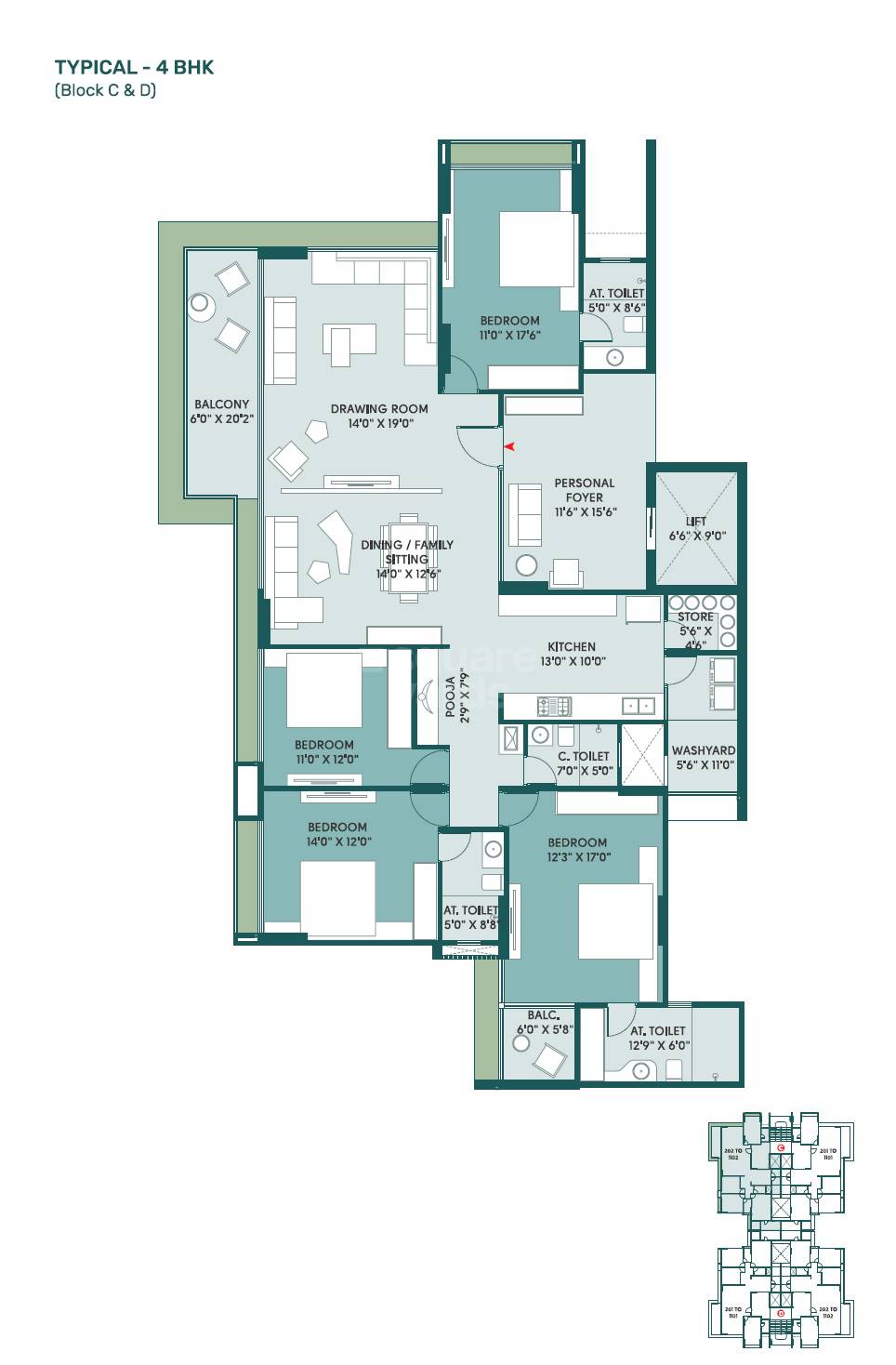 Floor plan of 4 BHK 3825 Sq. Ft. Apartment in Dream Vianna, Ahmedabad