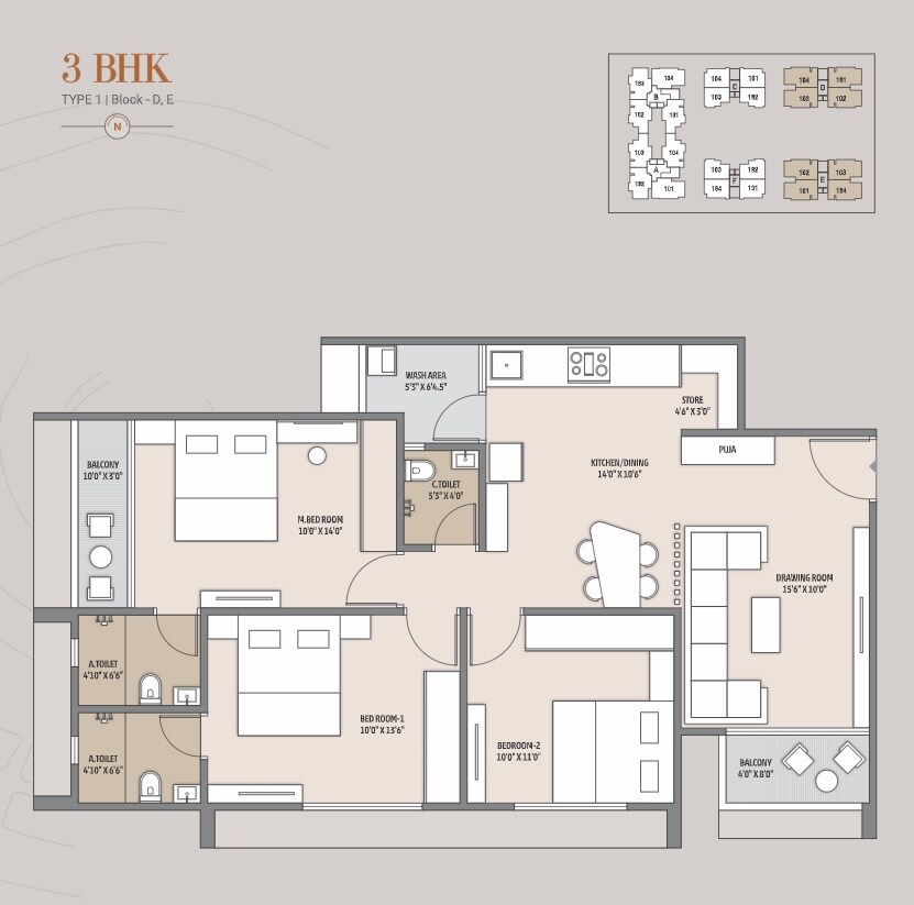 Floor plan of 3 BHK 1725 Sq. Ft. Apartment in Elenza Greenwood, Ahmedabad