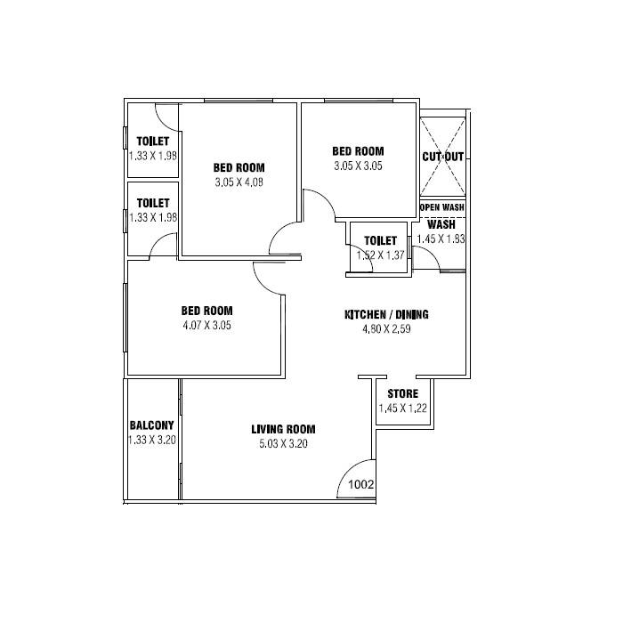 Floor plan of 3 BHK 832 Sq. Ft. Apartment in Eminence Pravesh, Ahmedabad