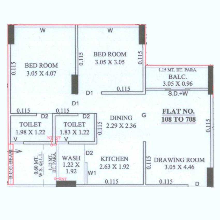 Floor plan of 2 BHK 608 Sq. Ft. Apartment in Gajanand Seven Height, Ahmedabad