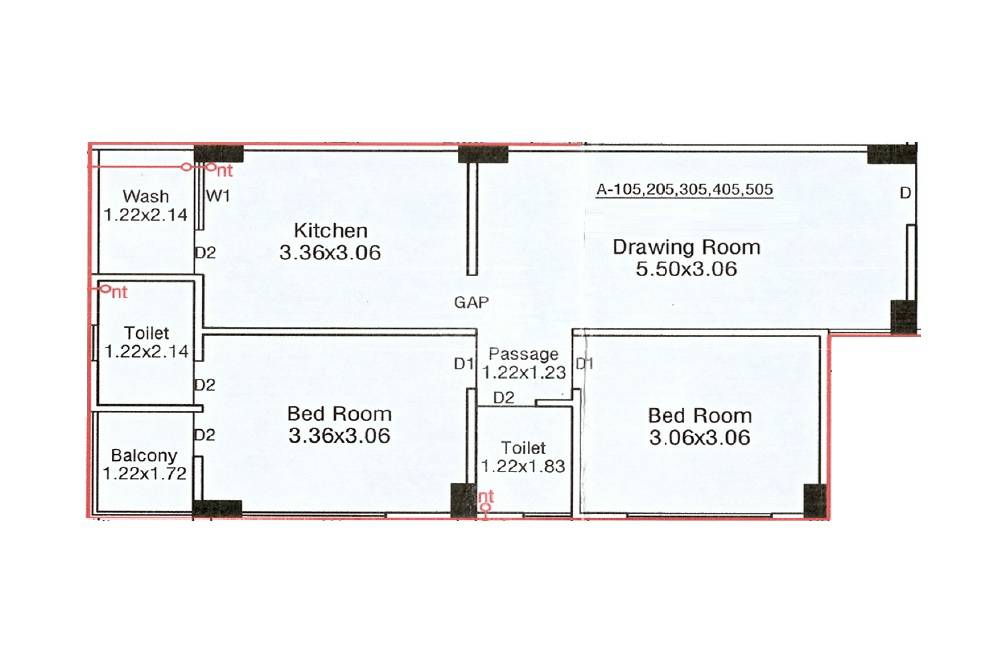 Floor plan of 2 BHK 543 Sq. Ft. Apartment in Gajraj Sanidhya Parv, Ahmedabad