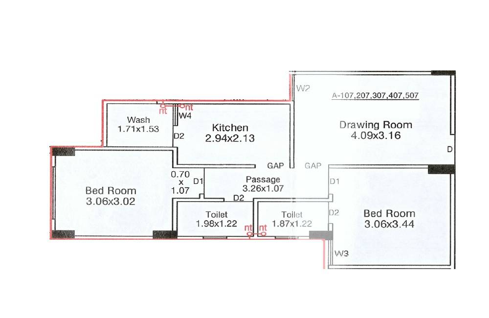 Floor plan of 2 BHK 627 Sq. Ft. Apartment in Gajraj Sanidhya Parv, Ahmedabad
