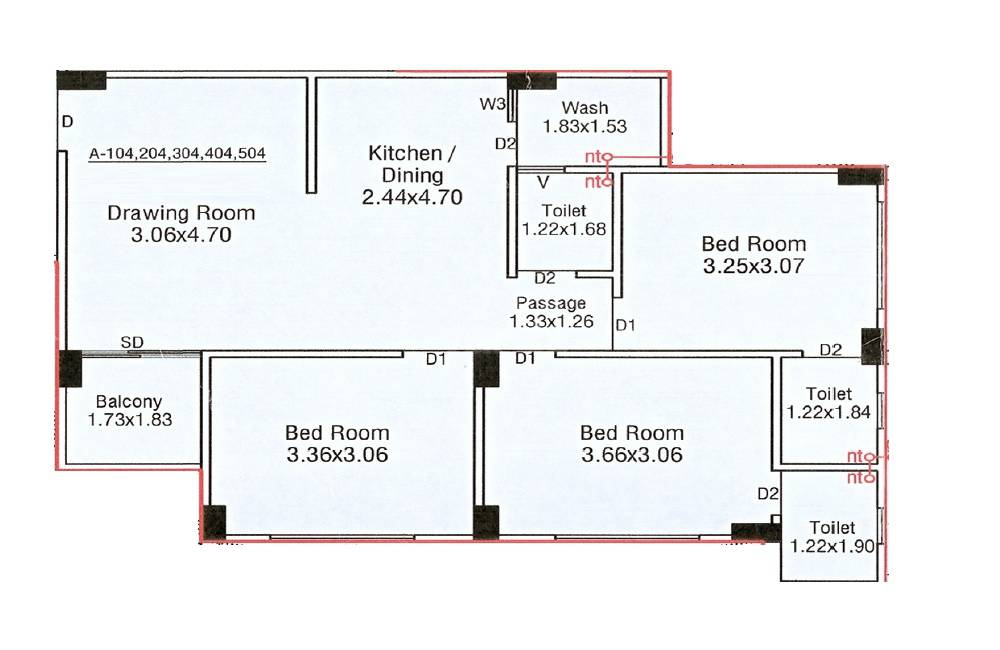 Floor plan of 3 BHK 745 Sq. Ft. Apartment in Gajraj Sanidhya Parv, Ahmedabad