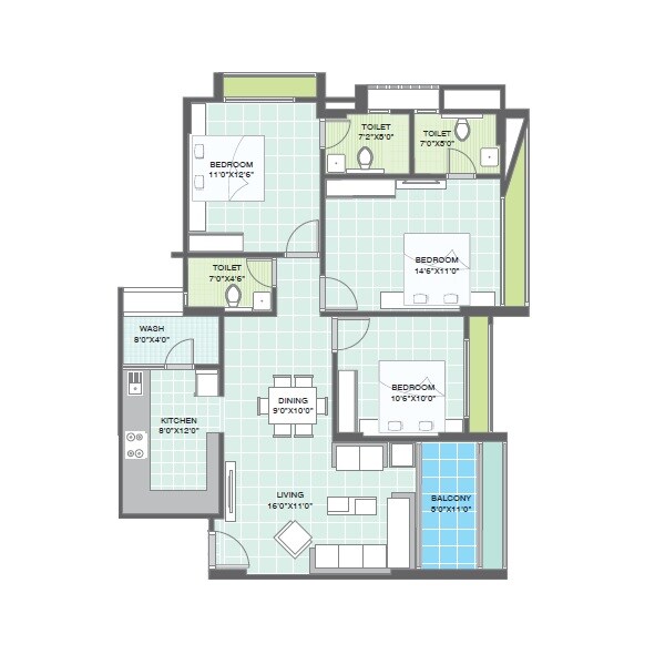 Floor plan of 3 BHK Apartment - 1385 sq. ft. in Gala Eternia, Ahmedabad