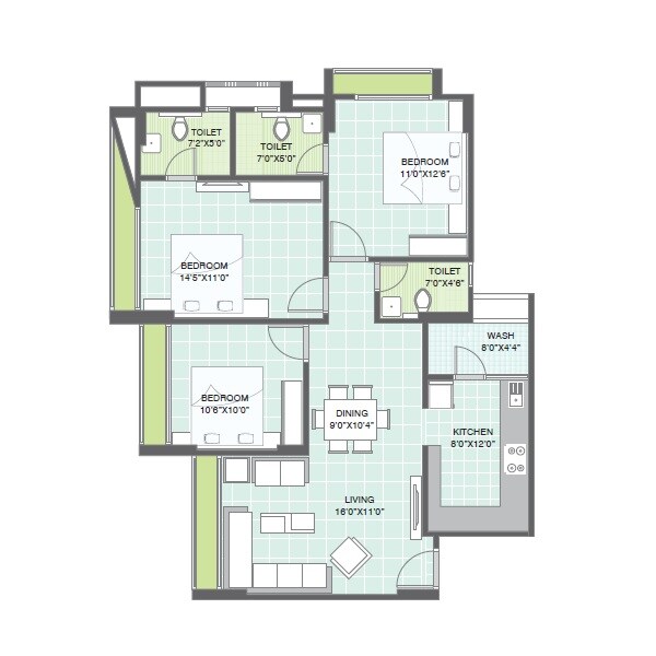 Floor plan of 3 BHK Apartment - 1655 sq. ft. in Gala Eternia, Ahmedabad