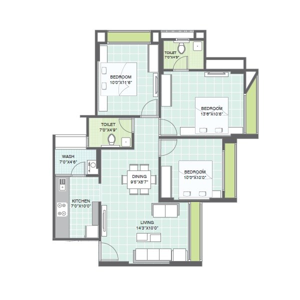 Floor plan of 3 BHK Apartment - 1700 sq. ft. in Gala Eternia, Ahmedabad