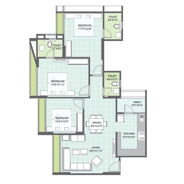 Floor plan of 3 BHK Apartment - 1745 sq. ft. in Gala Eternia, Ahmedabad
