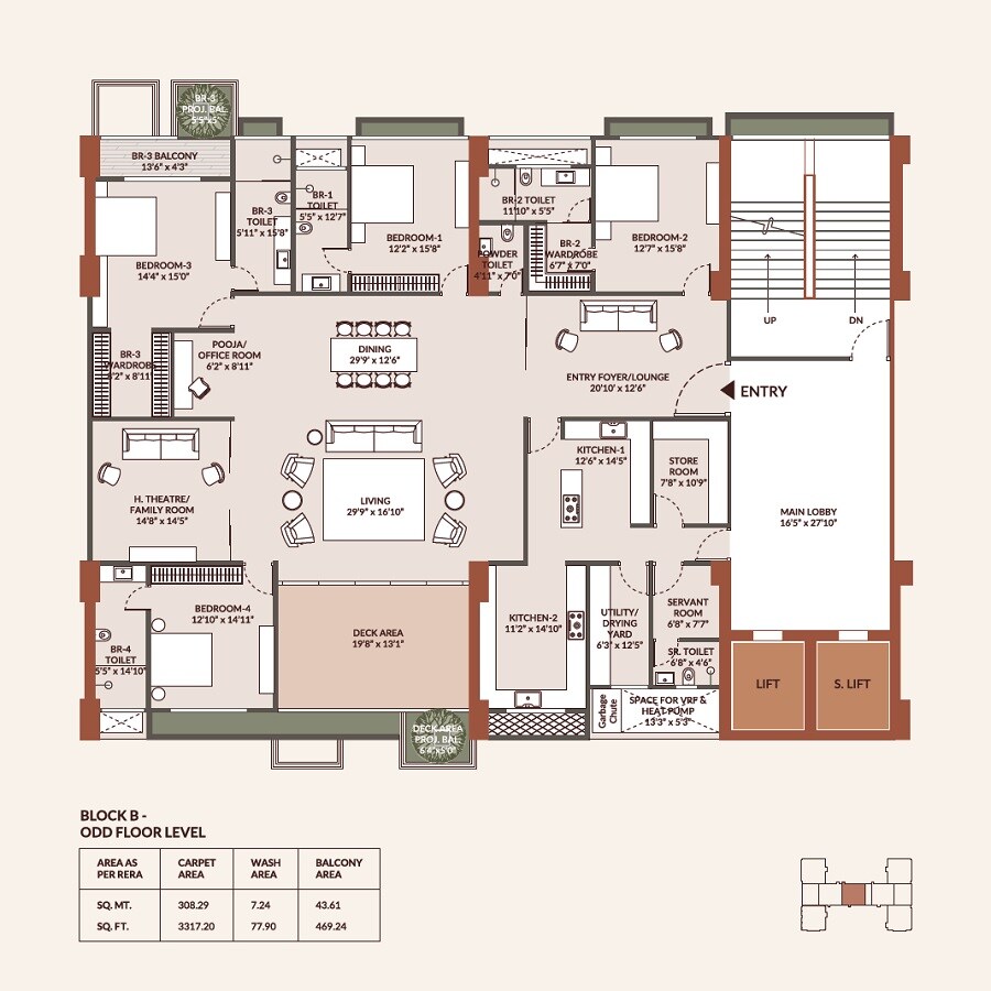 Floor plan of 4 BHK 3317 Sq. Ft. Apartment in Gala Ikebana, Ahmedabad