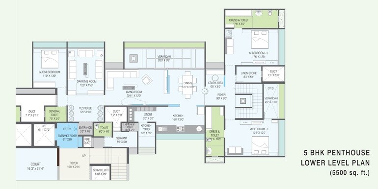 Floor plan of 5 BHK 5500 Sq. Ft. Penthouse in Gala Luxuria, Ahmedabad
