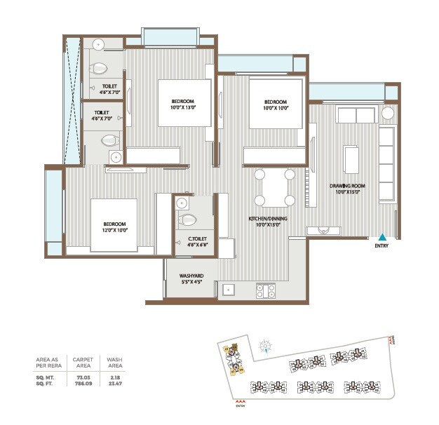 Floor plan of 3 BHK 786 Sq. Ft. Apartment in Gala Orchid Sky, Ahmedabad