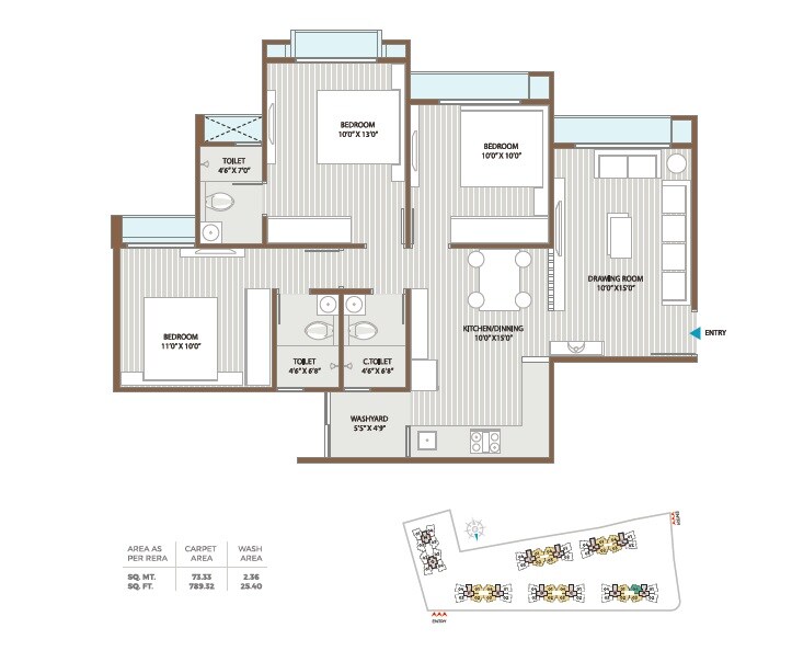 Floor plan of 3 BHK 789 Sq. Ft. Apartment in Gala Orchid Sky, Ahmedabad