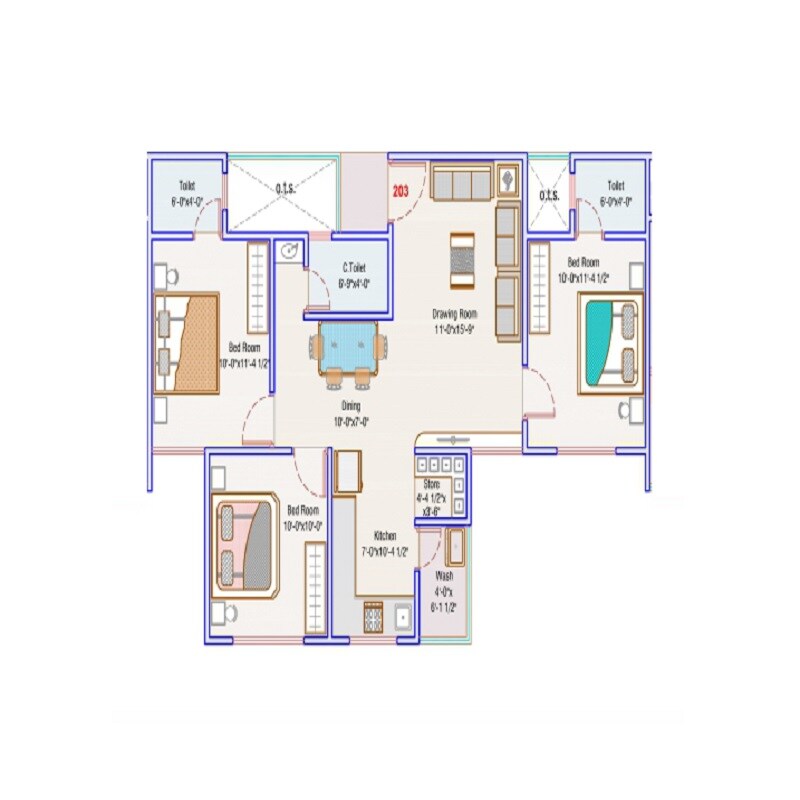 Floor plan of 3 BHK 1782 Sq. Ft. Apartment in Gandhi Vraj Residency 2, Ahmedabad