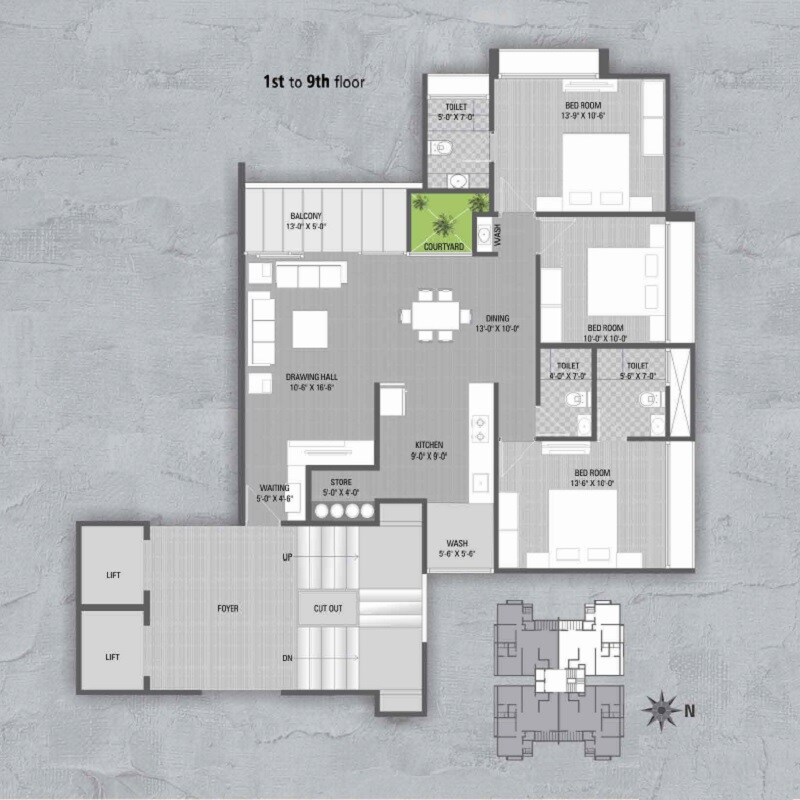 Floor plan of 3 BHK 1710 Sq. Ft. Apartment in Ganesh Skyline, Ahmedabad
