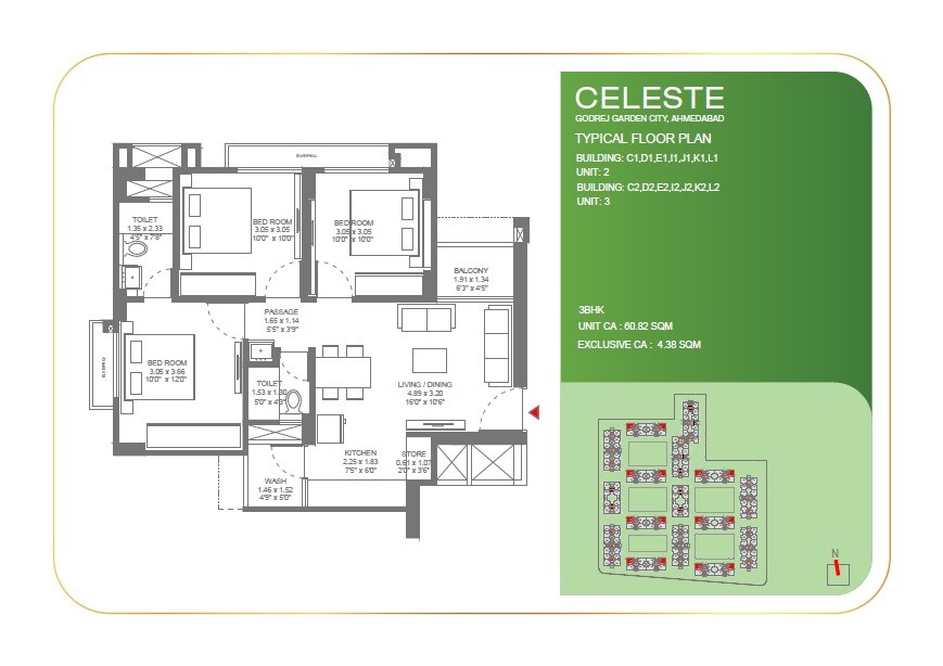 Floor plan of 3 BHK 655 Sq. Ft. Apartment in Godrej Celeste, Ahmedabad
