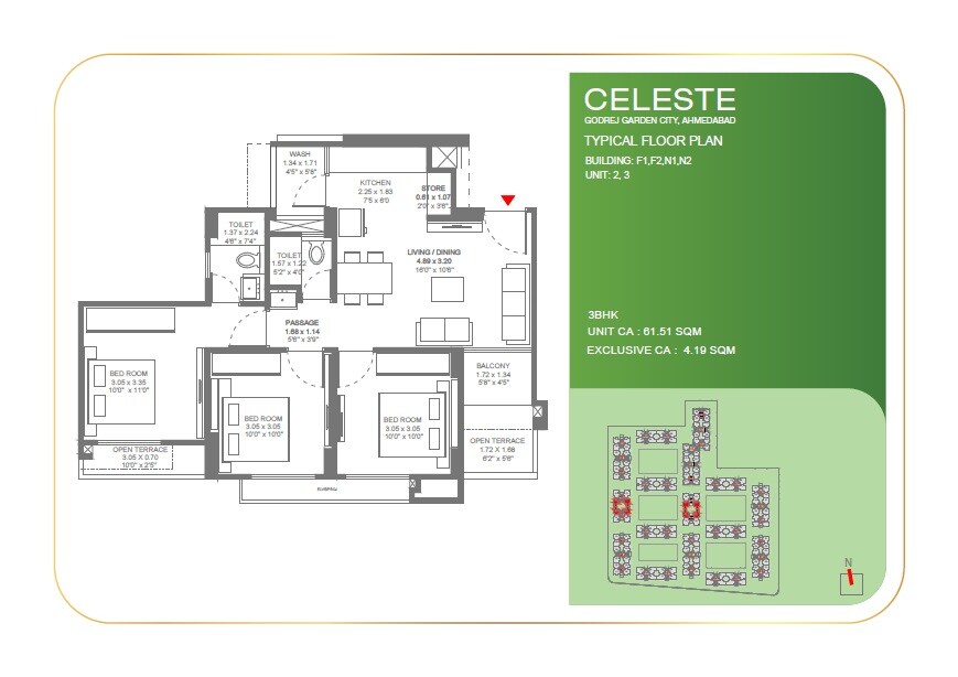 Floor plan of 3 BHK 662 Sq. Ft. Apartment in Godrej Celeste, Ahmedabad