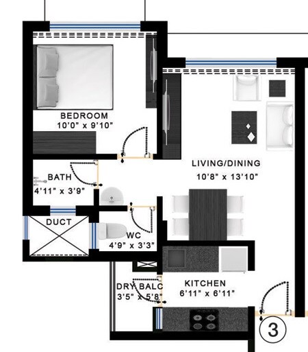 Floor plan of 1 BHK 600 Sq. Ft. Apartment in Godrej Garden City Carmel, Ahmedabad