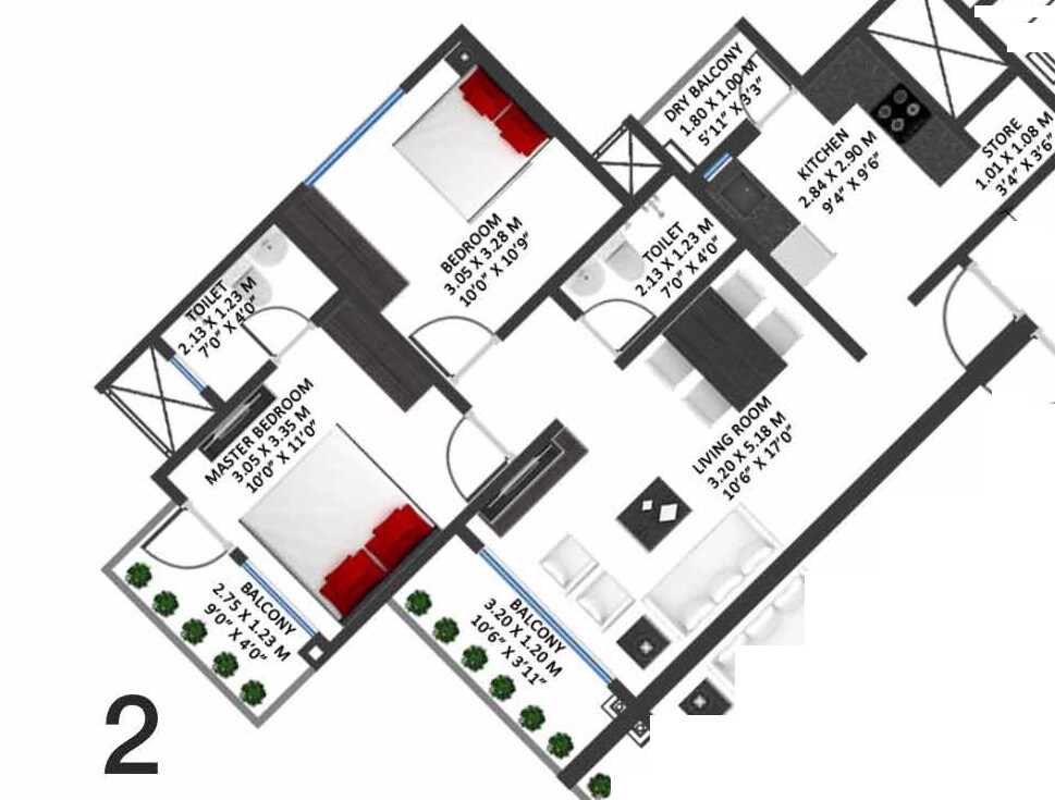 Floor plan of 2 BHK 1100 Sq. Ft. Apartment in Godrej Garden City Carmel, Ahmedabad