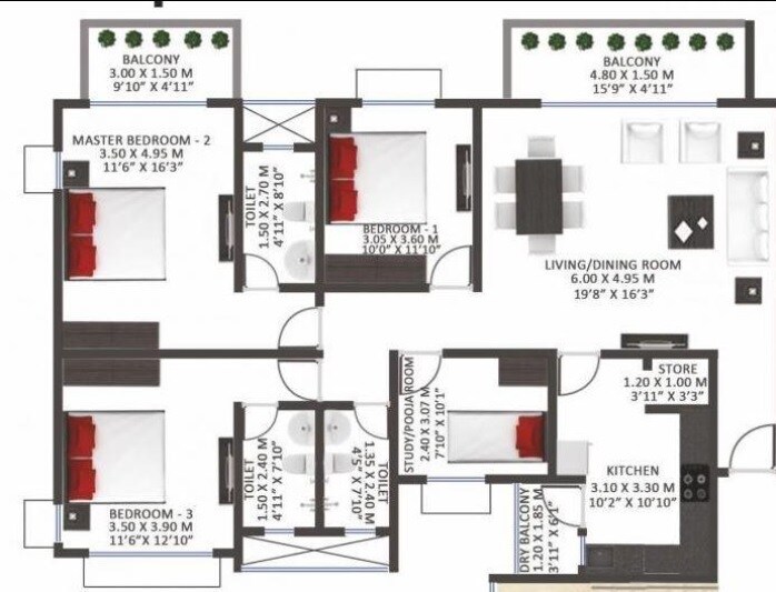 Floor plan of 3 BHK 1400 Sq. Ft. Apartment in Godrej Garden City Carmel, Ahmedabad