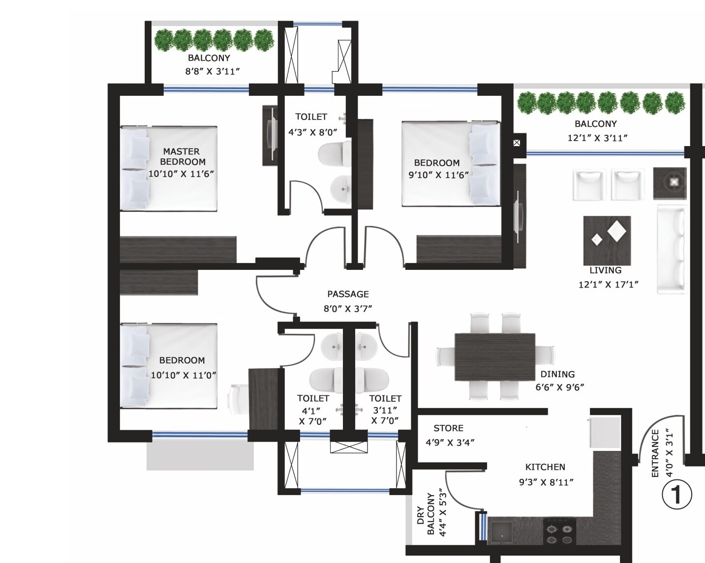 Floor plan of 3 BHK 1550 Sq. Ft. Apartment in Godrej Garden City Carmel, Ahmedabad