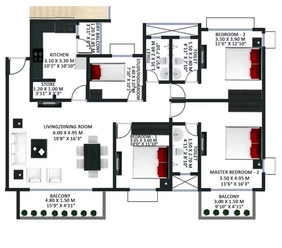 3 BHK 1879 Sq. Ft. Apartment in Godrej Garden City Pinecrest