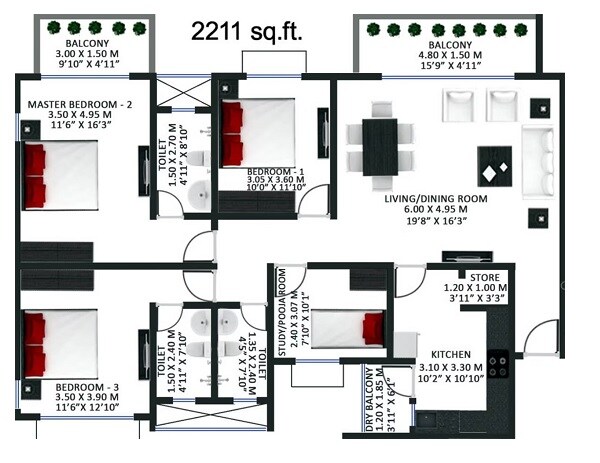 3 BHK 2211 Sq. Ft. Apartment