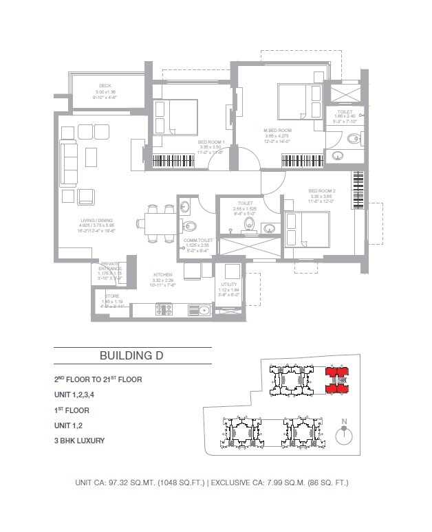 Floor plan of 3 BHK 1048 Sq. Ft. Apartment in Godrej Green Glades, Ahmedabad