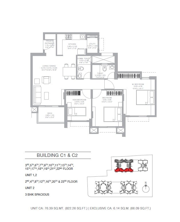 Floor plan of 3 BHK 822 Sq. Ft. Apartment in Godrej Green Glades, Ahmedabad