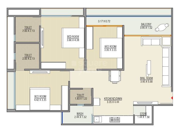 Floor plan of 3 BHK 1562 Sq. Ft. Apartment in Golden The Grand Serenity, Ahmedabad