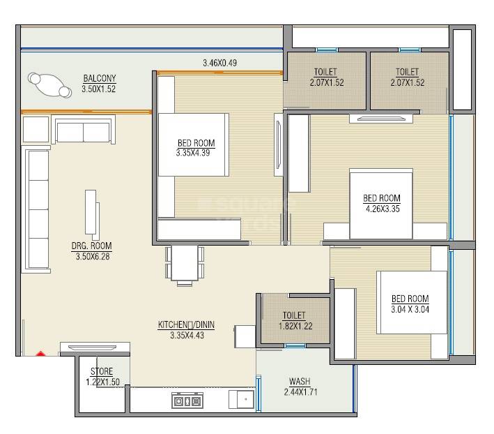 Floor plan of 3 BHK 981 Sq. Ft. Apartment in Golden The Grand Serenity, Ahmedabad