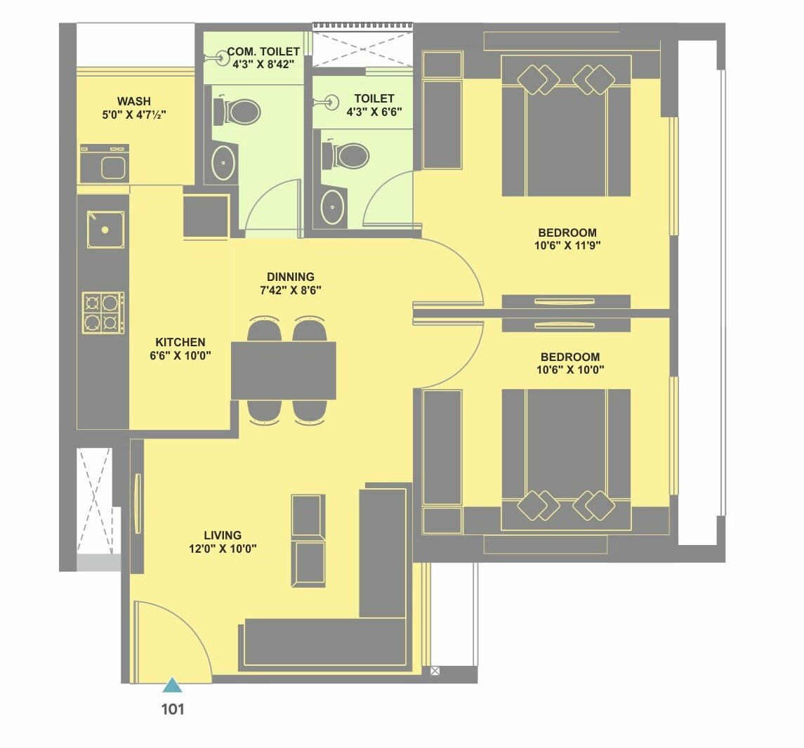 Floor plan of 2 BHK 1069 Sq. Ft. Apartment in Goyal Orchid Blues, Ahmedabad