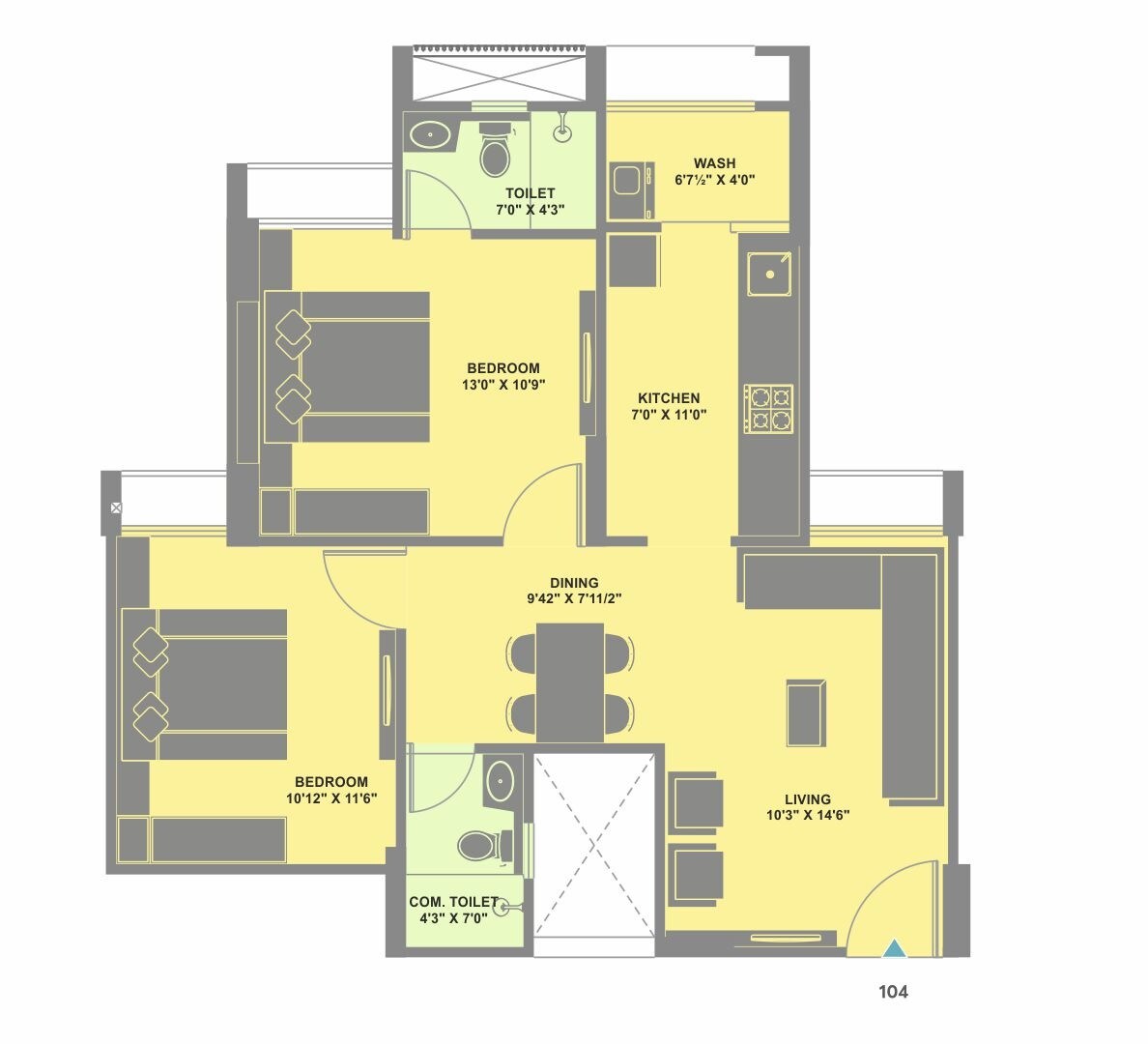 Floor plan of 2 BHK 1215 Sq. Ft. Apartment in Goyal Orchid Blues, Ahmedabad
