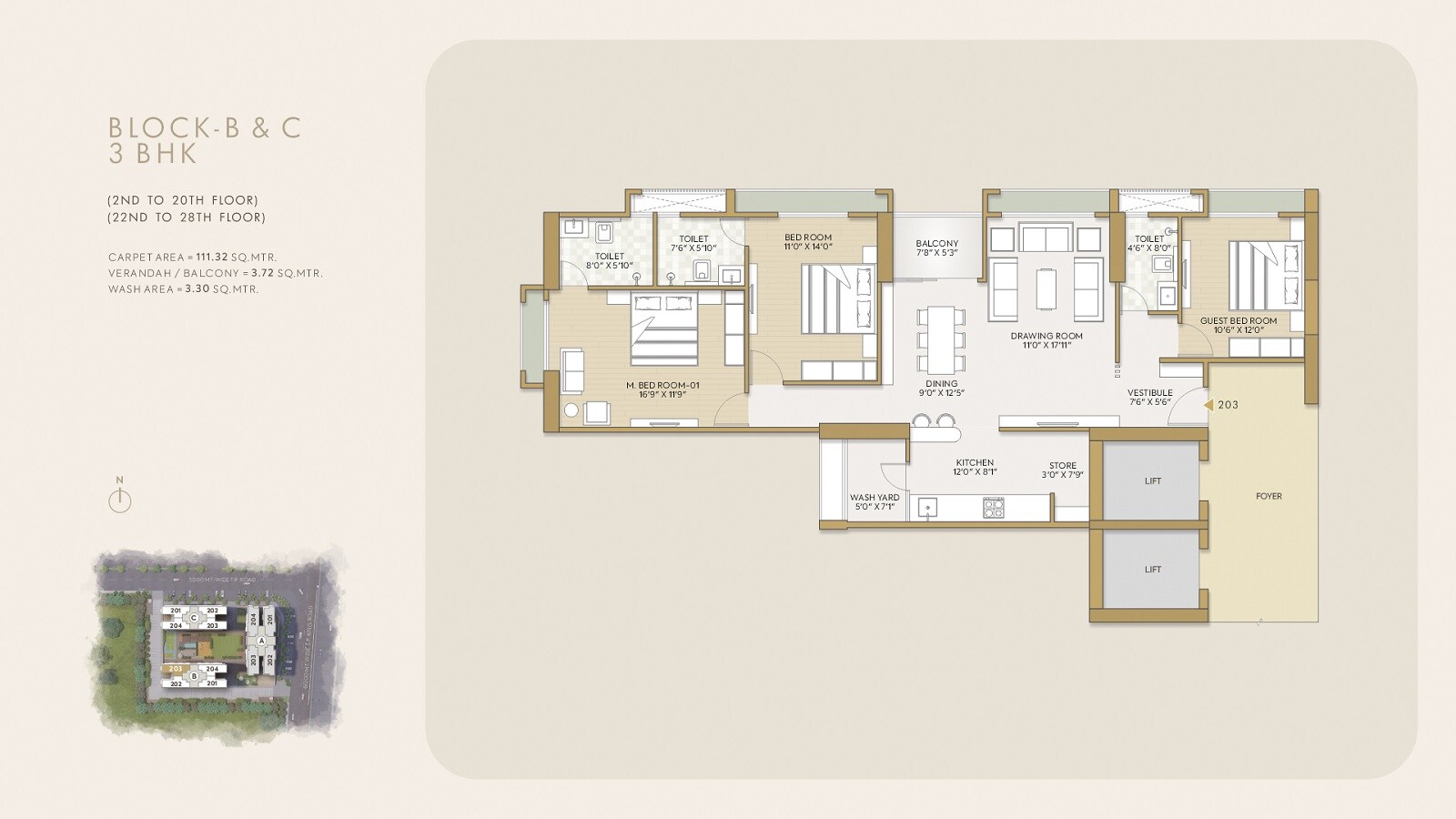 Floor plan of 3 BHK 1198 Sq. Ft. Apartment in Goyal Orchid Gold, Ahmedabad