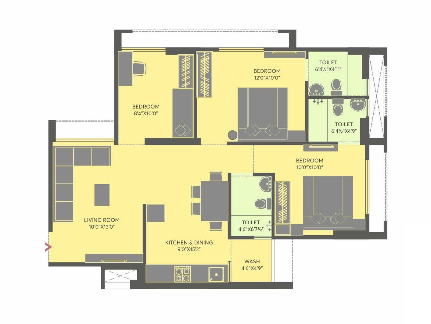 Floor plan of 3 BHK 1340 Sq. Ft. Apartment in Goyal Orchid Valley, Ahmedabad