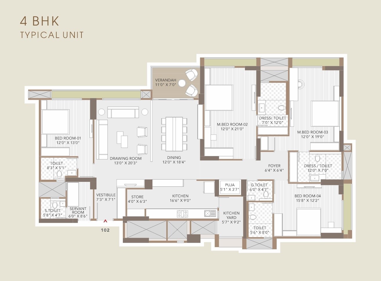 Floor plan of 4 BHK 4130 Sq. Ft. Apartment in Goyal Riviera Majestica, Ahmedabad