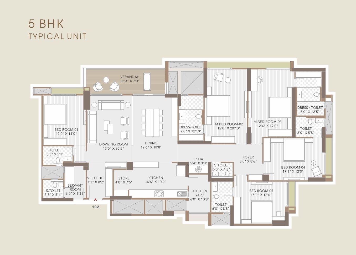 Floor plan of 5 BHK 5040 Sq. Ft. Apartment in Goyal Riviera Majestica, Ahmedabad