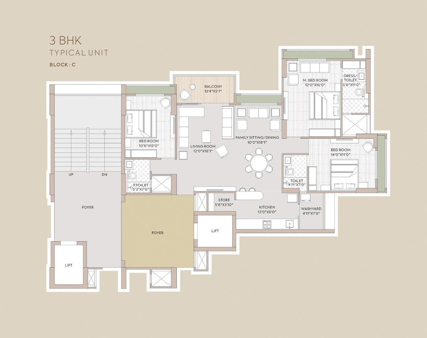 Floor plan of 3 BHK 2398 Sq. Ft. Apartment in Goyal Riviera Prestige, Ahmedabad