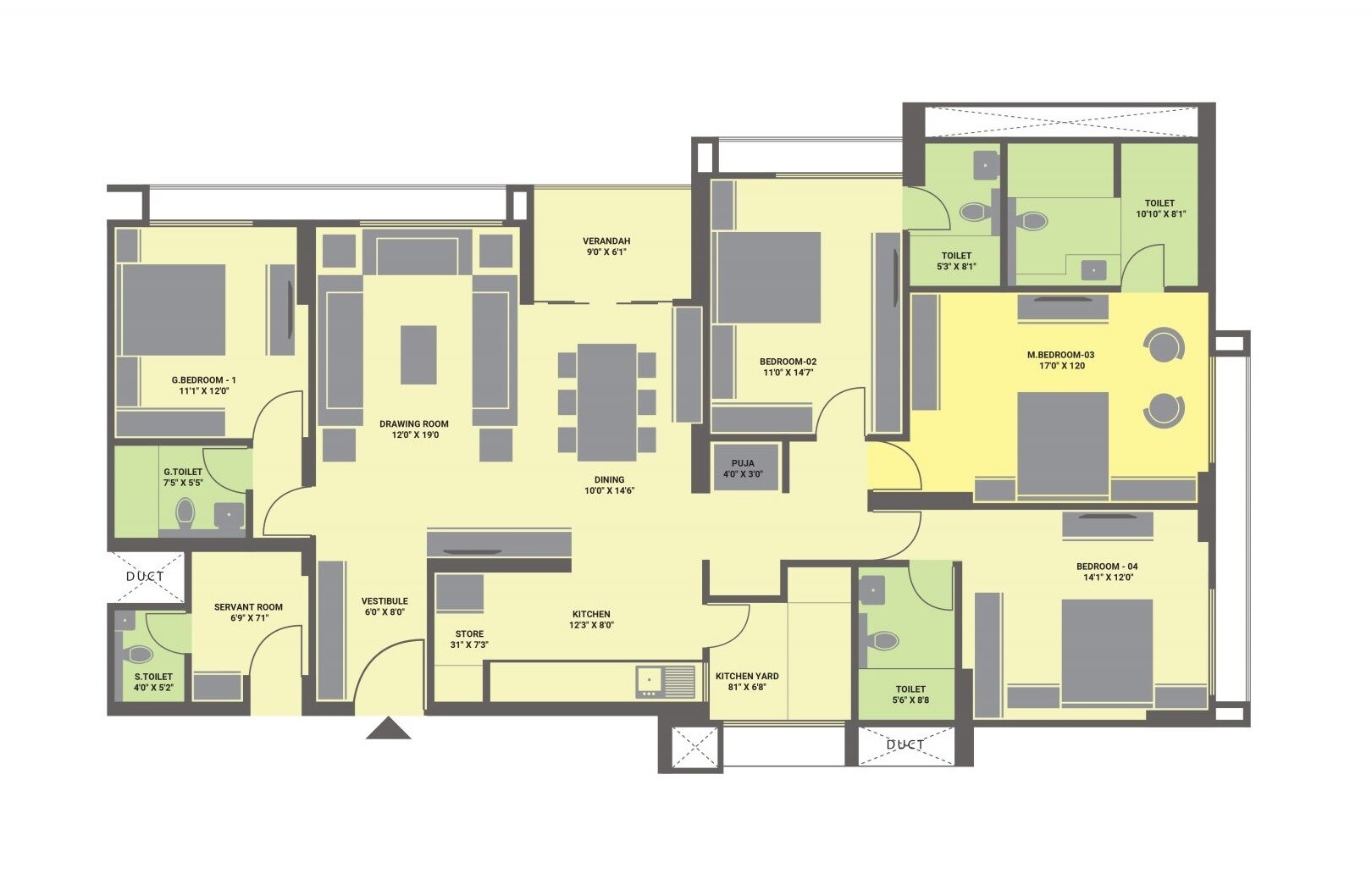 Floor plan of 4 BHK 3121 Sq. Ft. Apartment in Goyal Riviera Springs, Ahmedabad